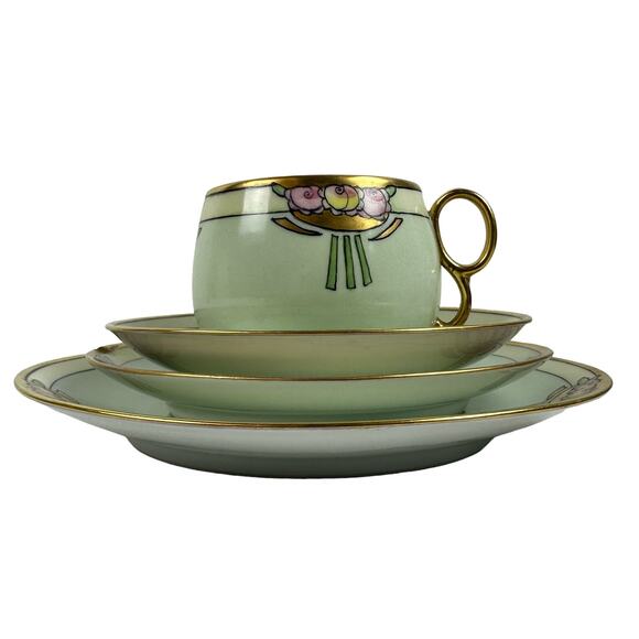 Art Neuveau Thomas Bavaria 4 Piece Luncheon Set Mint Green & Pink Floral Repair - Picture 1 of 13